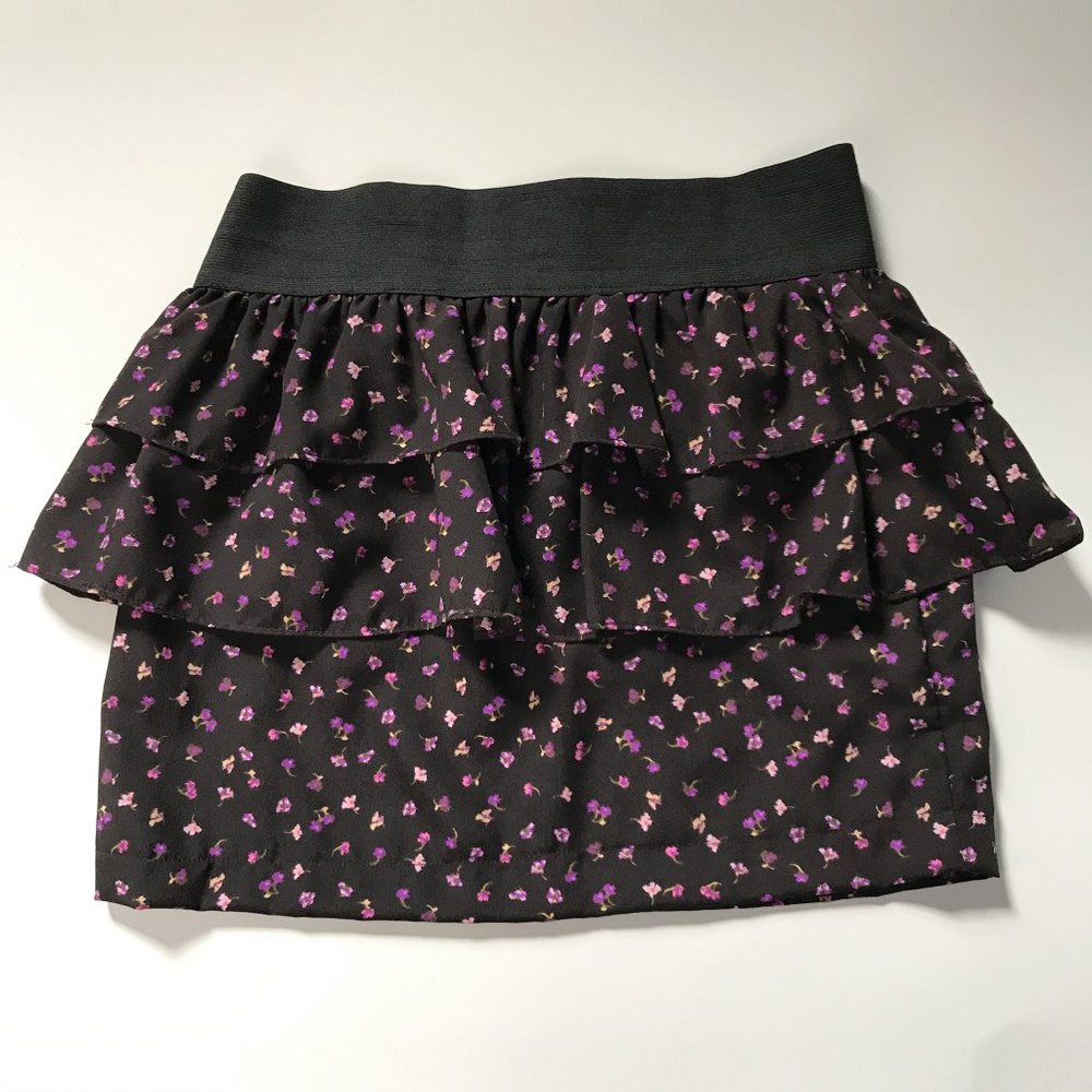 Rue 21 Mini Ruffle Skirt Black + Floral Print (M)